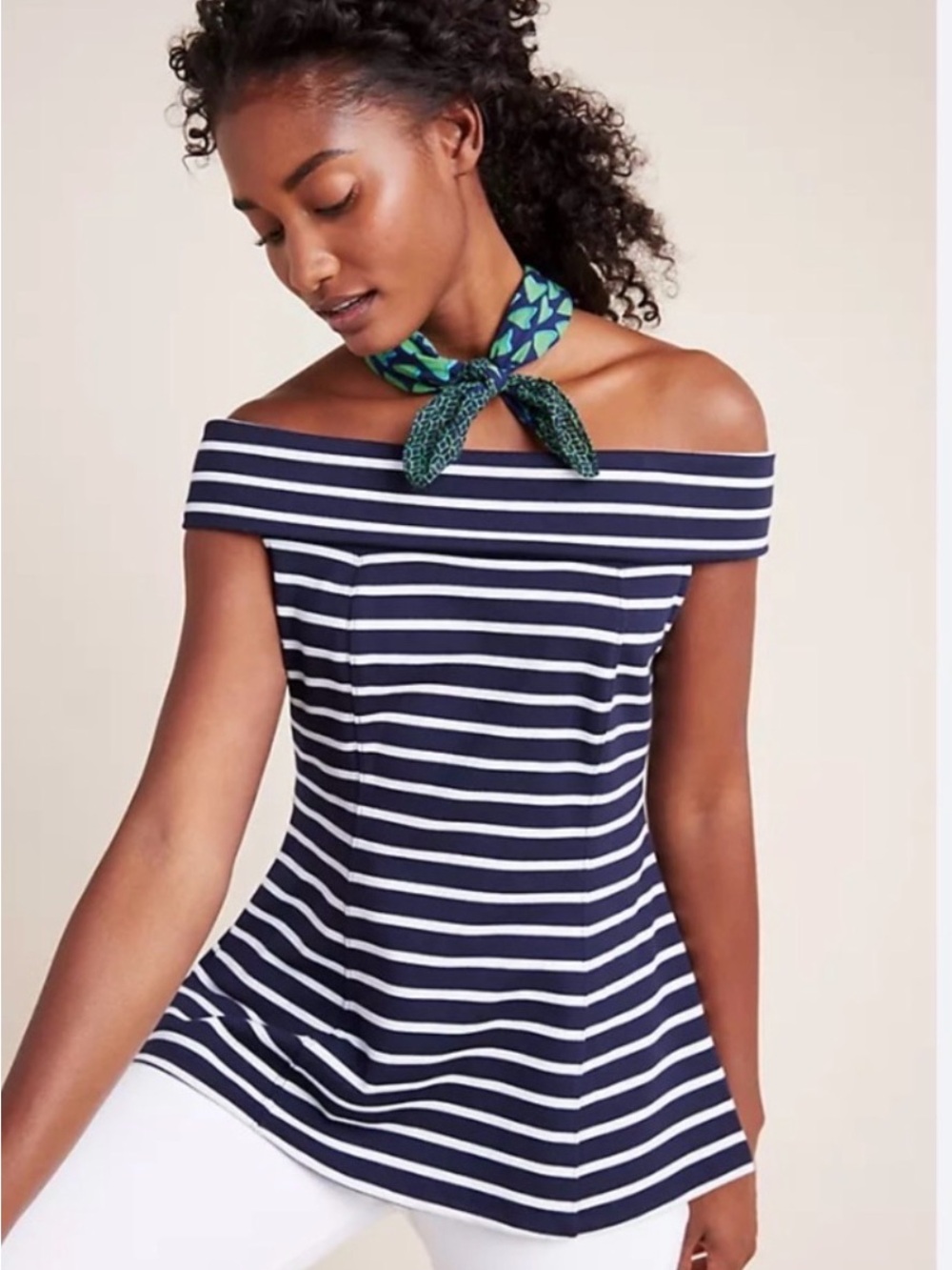 Maeve Anthropologie Navy White Striped Off Shoulder Knit Top M